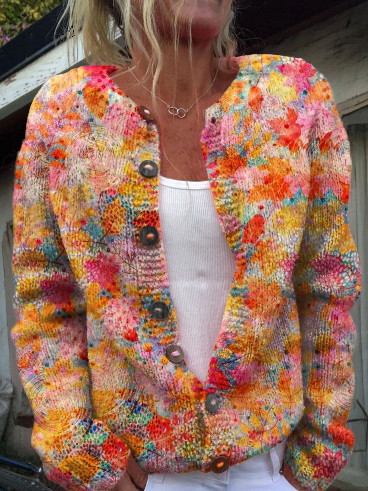 Lässige Strickjacke mit Blumenprint und Knöpfen