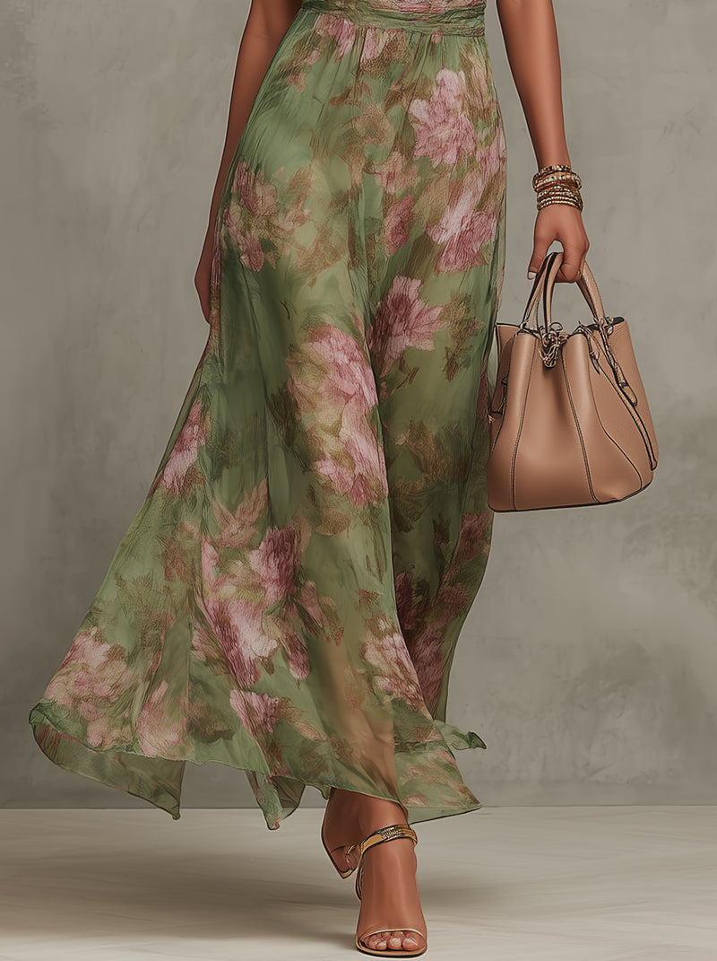Emma | Maxikleid Chiffon mit Blumenmuster grün mit rückenfrei
