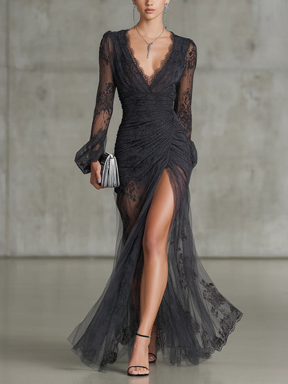 Laura | Maxikleid geraft aus Spitze dunkelgrau