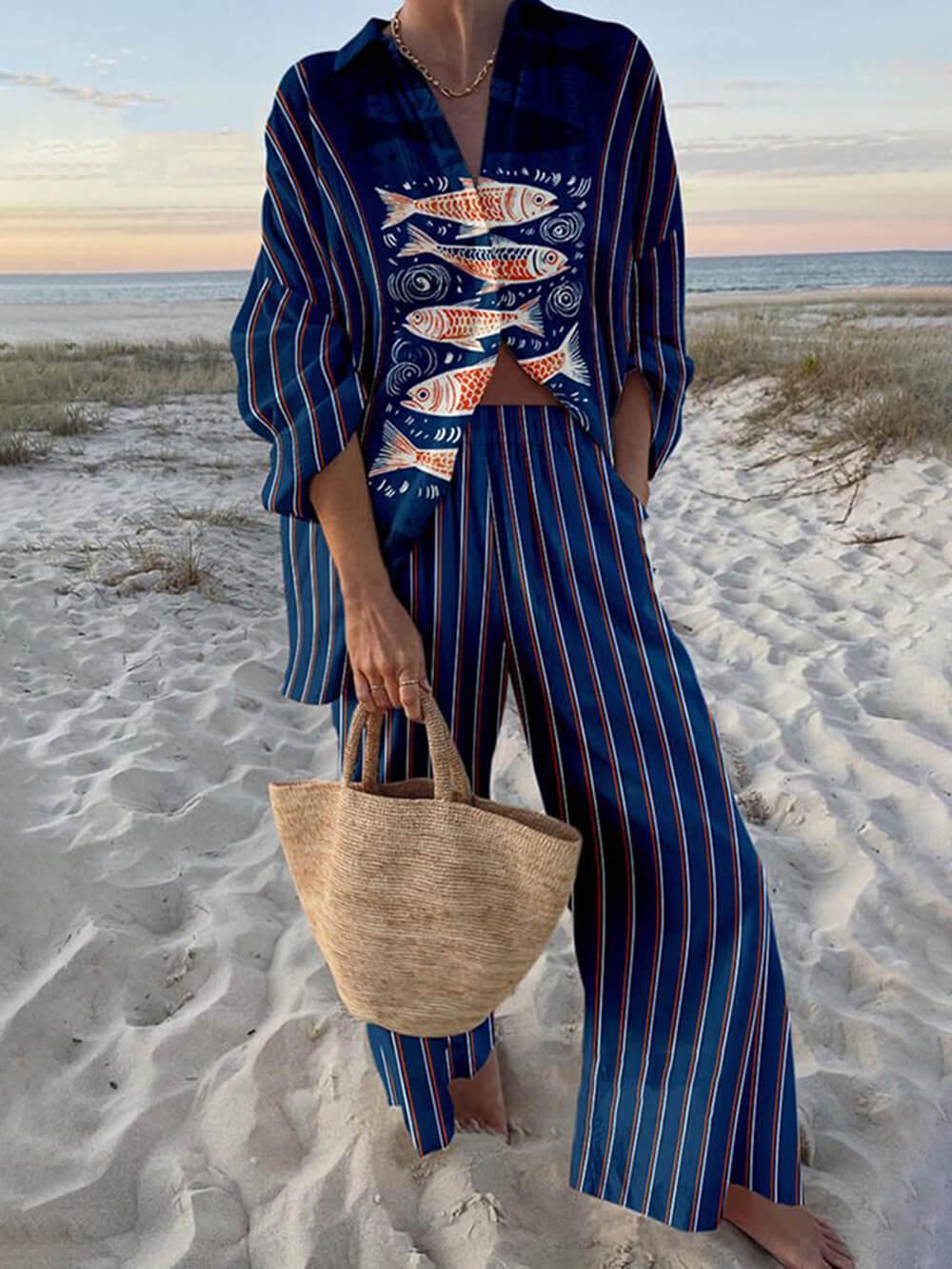 Gisela | Bluse Oversize mit Ozeanprint aus Stil Insel und Hose mit elastischen Taschen