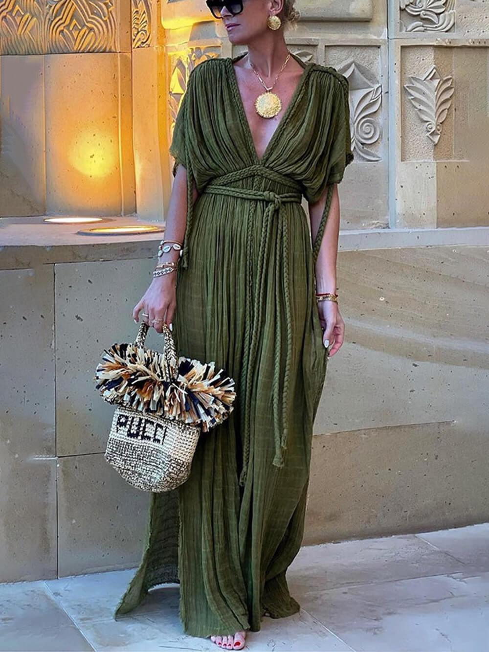 Elke | Maxikleid mit Schlitz und Kimono und Zopfdetails