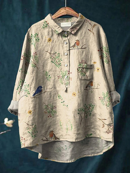 Lotte | Legere Damenbluse mit Zweig- und Rotkehlchenprint