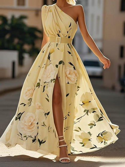 Amelie | Maxikleid Chiffon mit Blumenmuster mit freien Schultern hellgrün