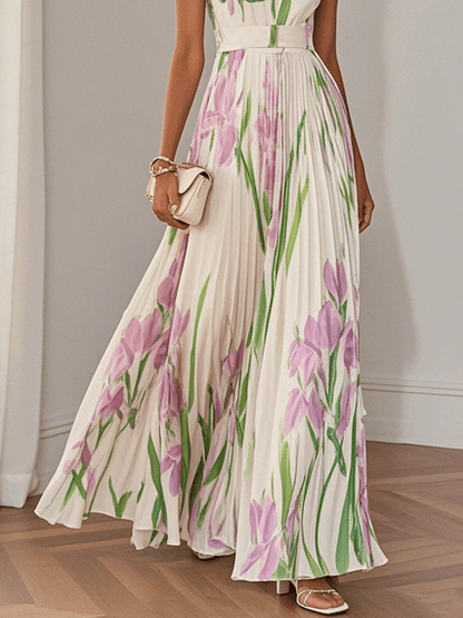 Ingrid | Maxikleid Chiffon mit Blumenmuster plissiert weiß