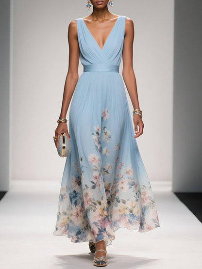 Paula | Maxikleid aus Chiffon mit Blumen hellblau und V-Ausschnitt