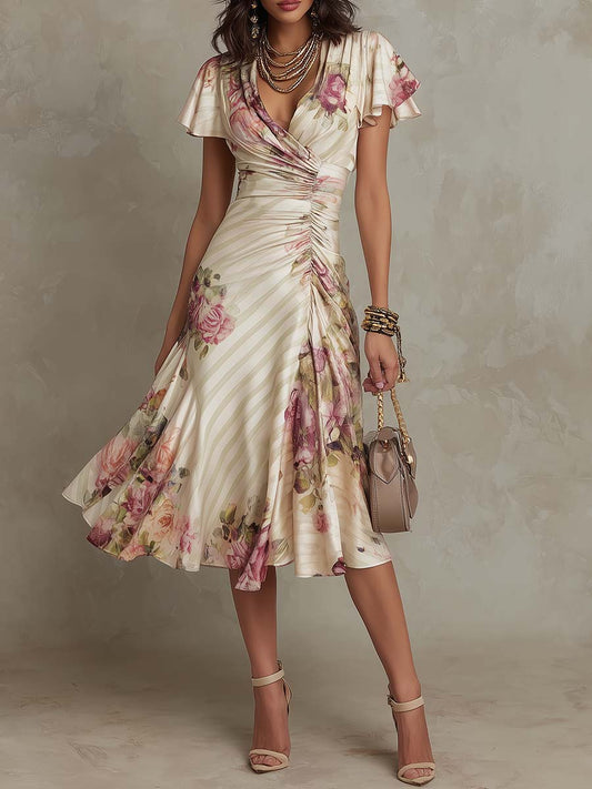 Leni | Midikleid aus Satin mit Blumenmuster Vintage
