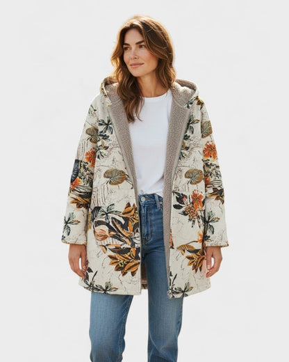 Elena – Boho-Sherpa-Kapuzenmantel mit Blumenmuster