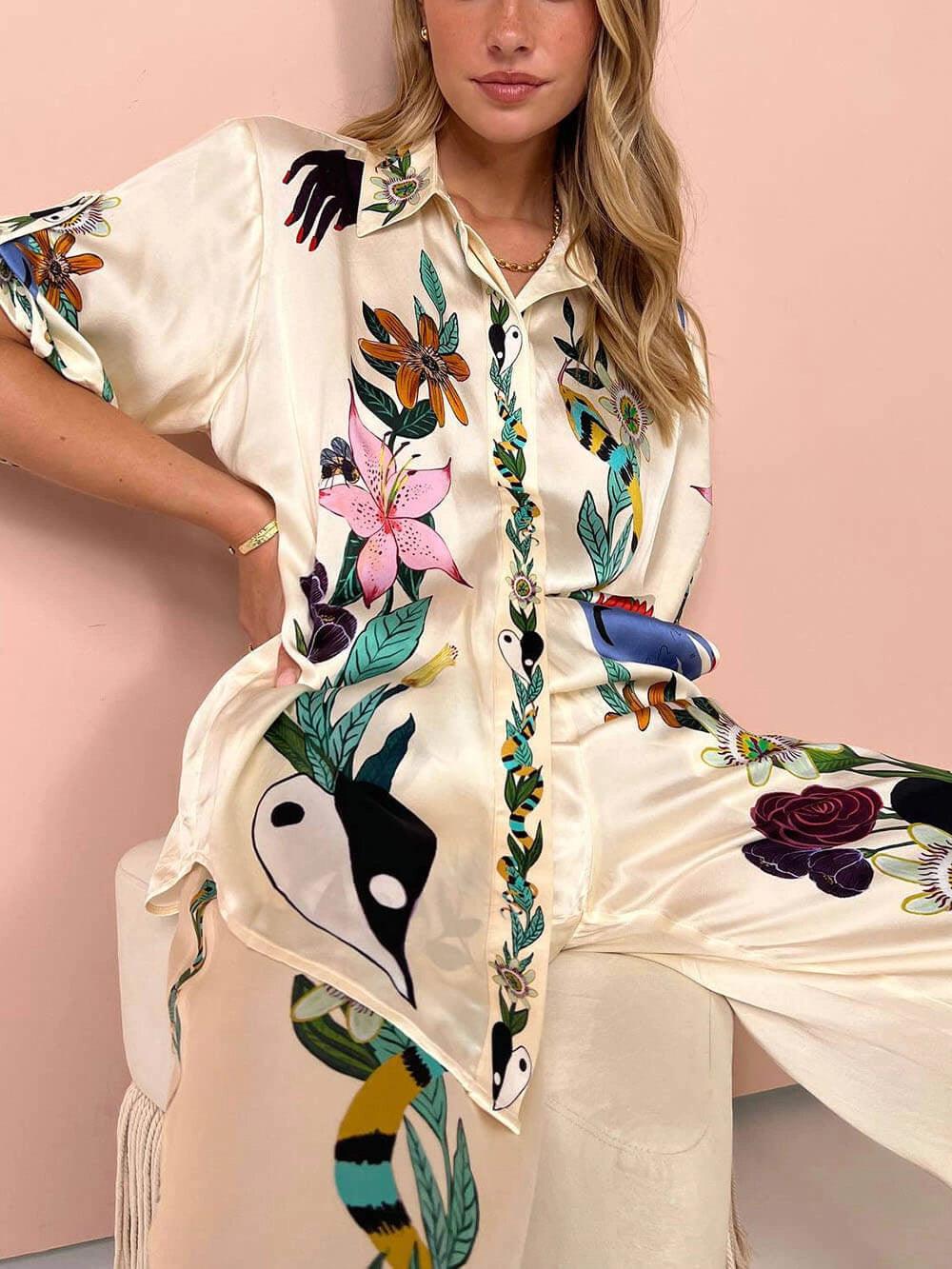Selma | Blusen- und Hosenset aus Satin mit Print einzigartig, Stil Resort