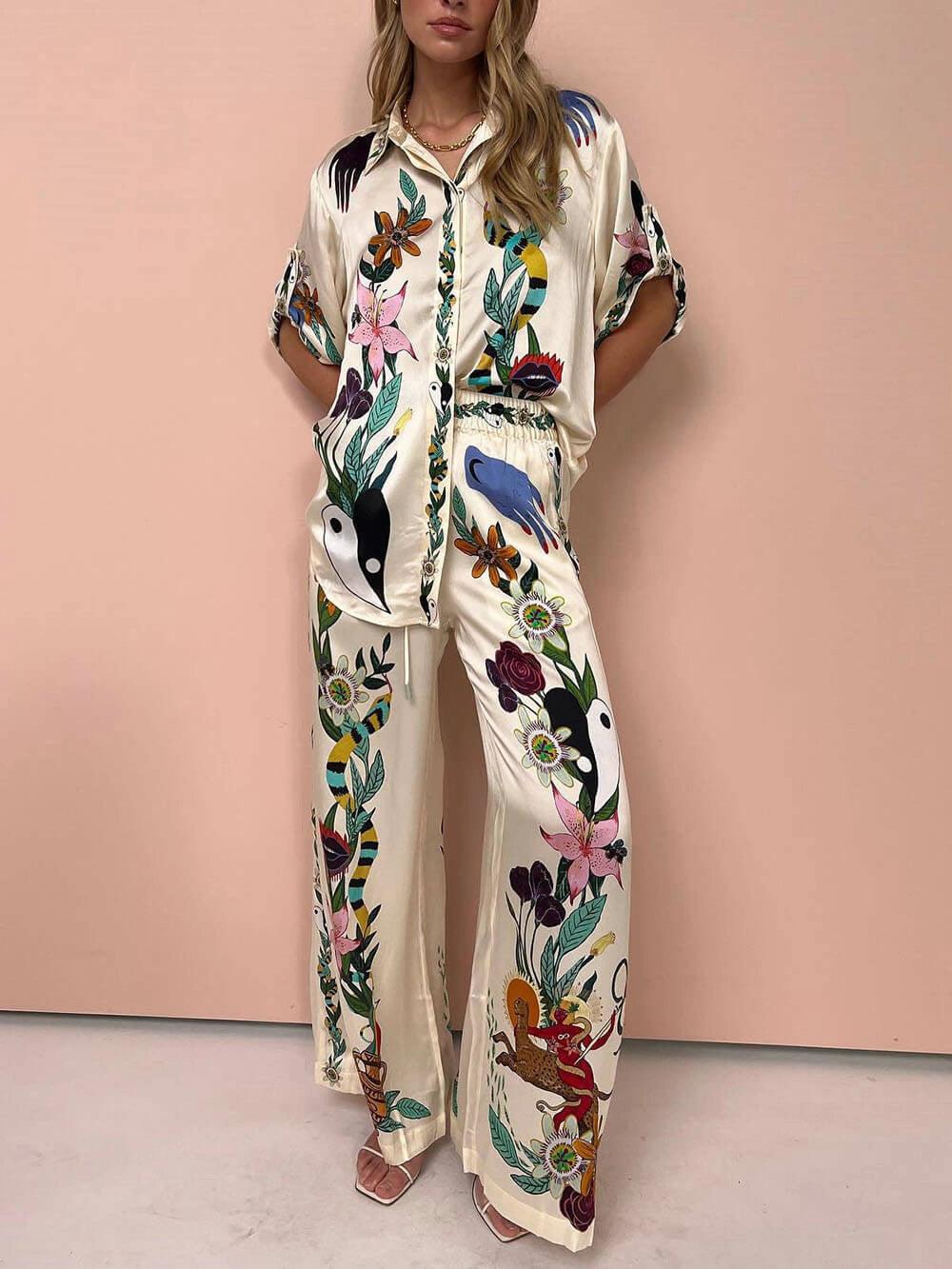 Selma | Blusen- und Hosenset aus Satin mit Print einzigartig, Stil Resort