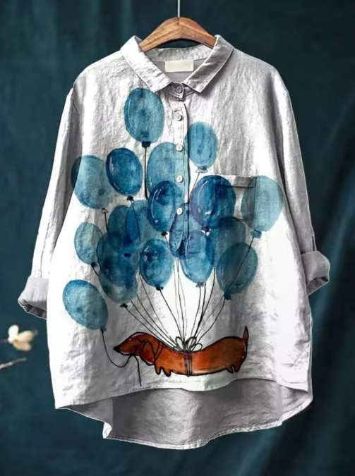 Ida | Legere Bluse mit künstlerischem Ballon- und Hundeprint