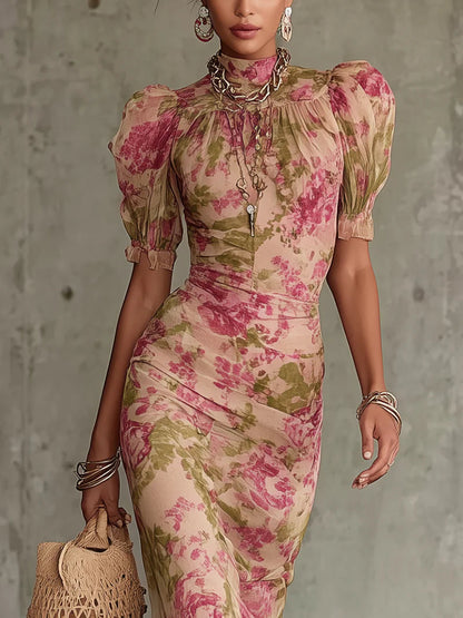 Leonie | Maxikleid mit Stampa rosa Vintage und Puffärmel