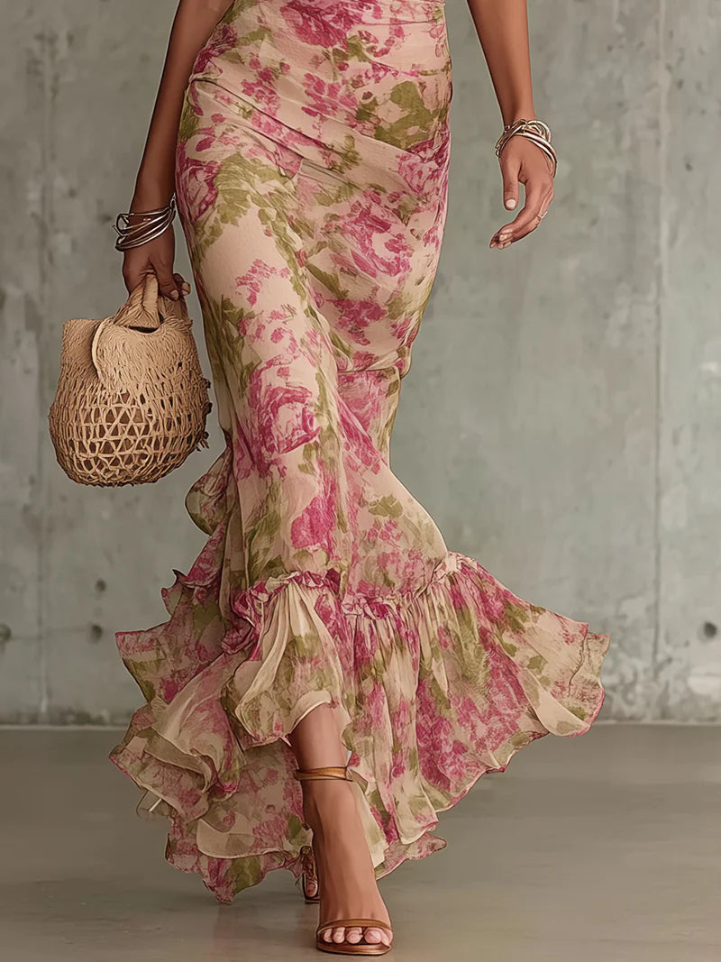 Leonie | Maxikleid mit Stampa rosa Vintage und Puffärmel