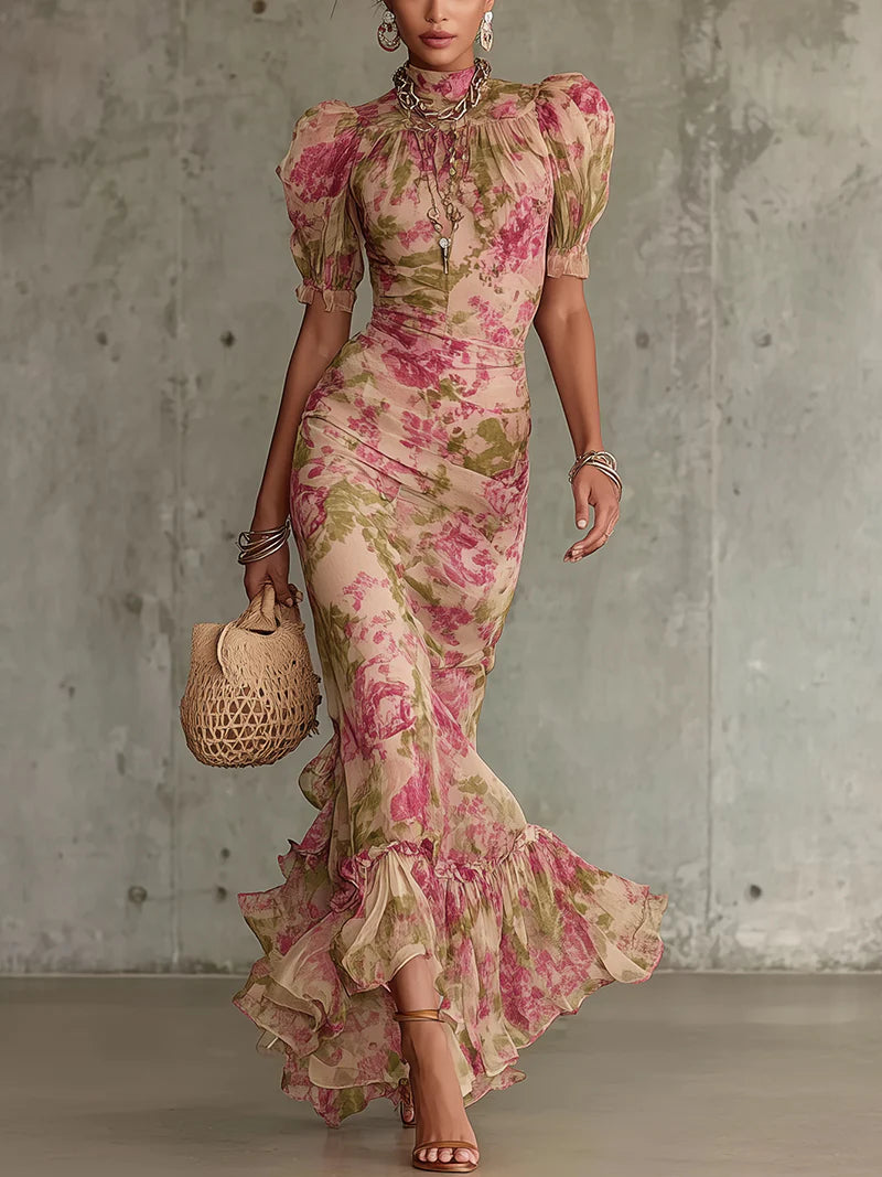 Leonie | Maxikleid mit Stampa rosa Vintage und Puffärmel