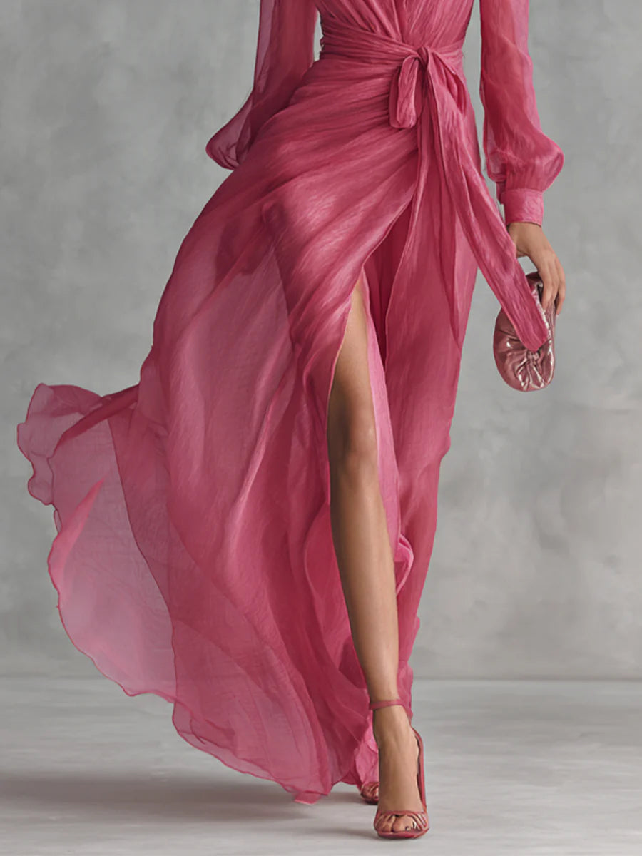 Lea | Langes Kleid aus chiffon elegant mit V-Ausschnitt und Bindetaille