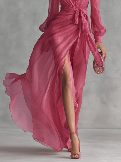 Lea | Langes Kleid aus chiffon elegant mit V-Ausschnitt und Bindetaille