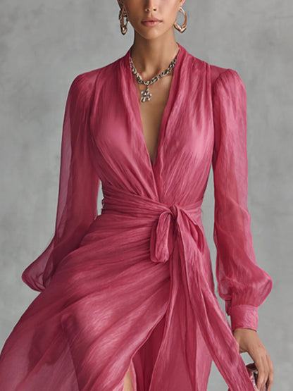 Lea | Langes Kleid aus chiffon elegant mit V-Ausschnitt und Bindetaille