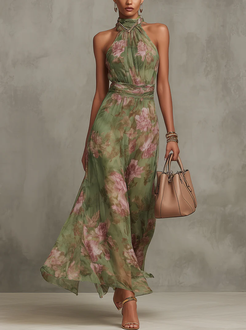 Emma | Maxikleid Chiffon mit Blumenmuster grün mit rückenfrei