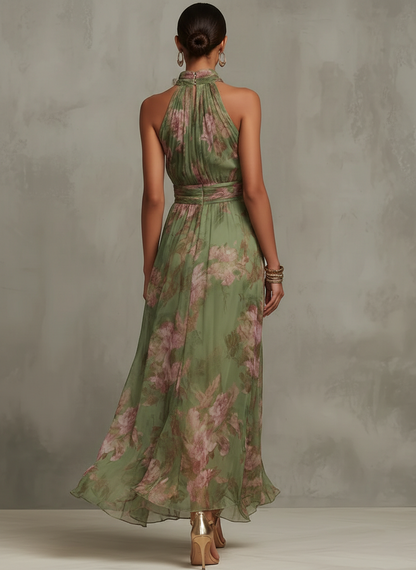 Emma | Maxikleid Chiffon mit Blumenmuster grün mit rückenfrei
