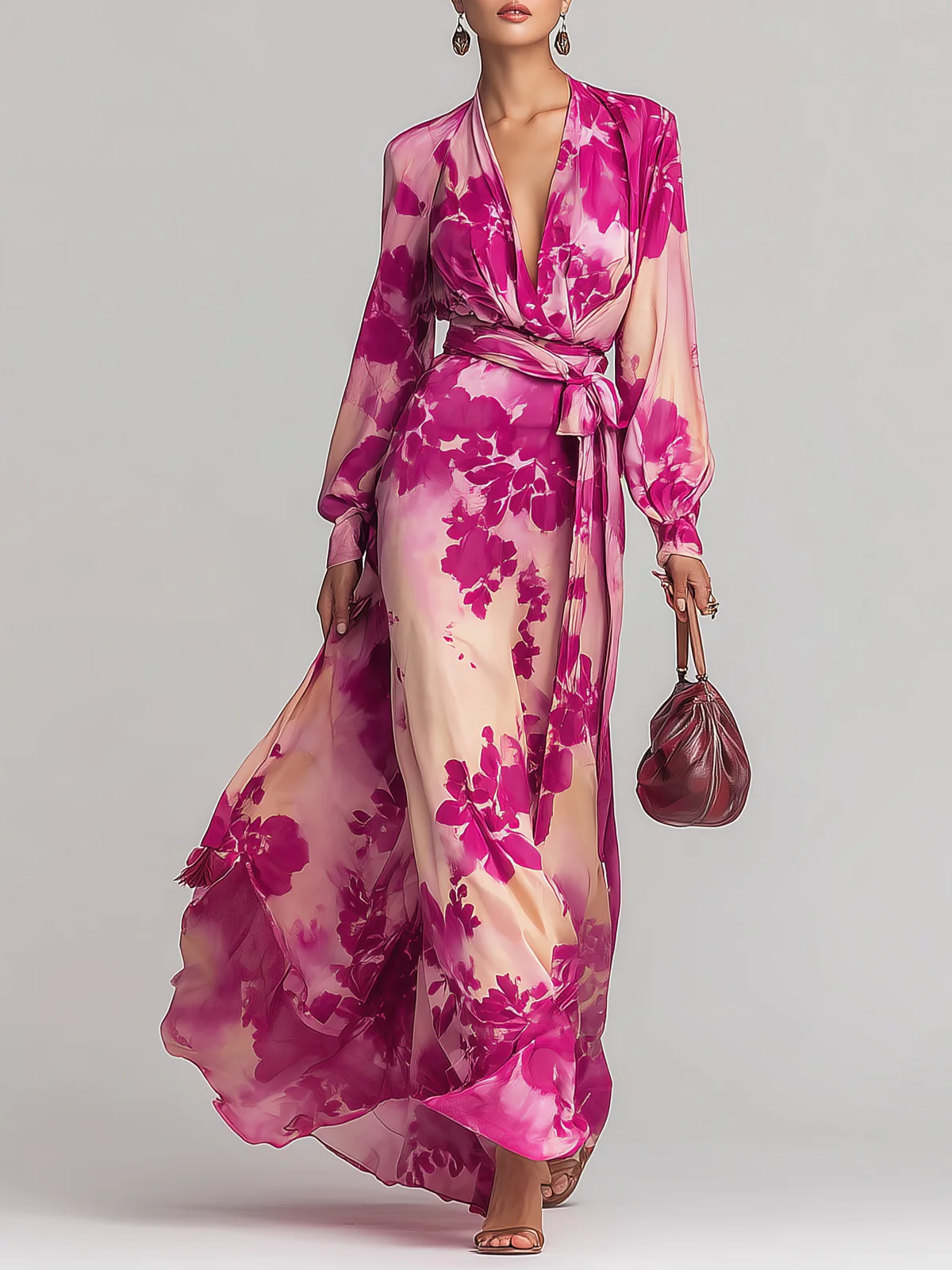 Annika | Maxikleid mit Blumenmuster mit V-Ausschnitt und Gürtel