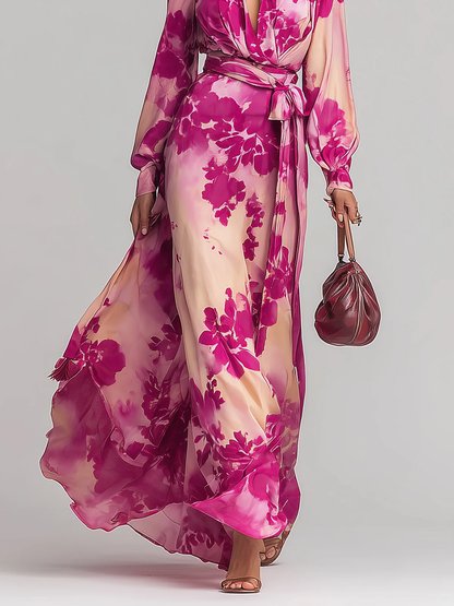 Annika | Maxikleid mit Blumenmuster mit V-Ausschnitt und Gürtel