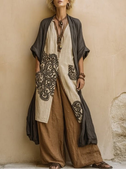 Elisabeth | Dreiteiliges Set aus dunkelgrau und braun mit Tribalprint
