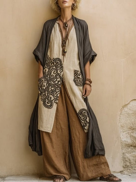 Elisabeth | Dreiteiliges Set aus dunkelgrau und braun mit Tribalprint