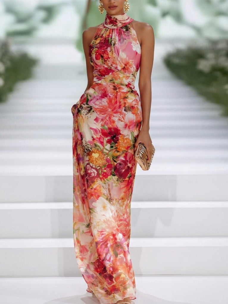Carla | Maxikleid ärmellos aus Chiffon rot mit Blumen