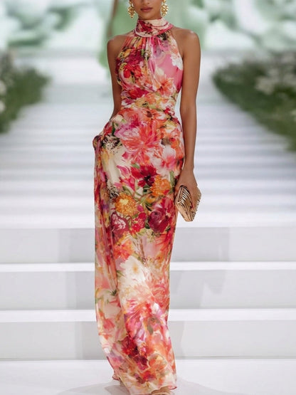 Carla | Maxikleid ärmellos aus Chiffon rot mit Blumen
