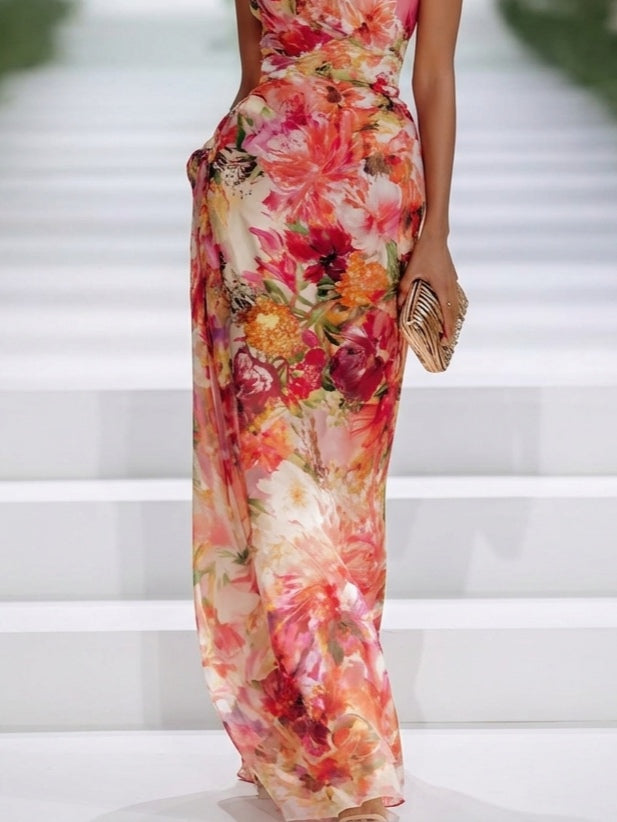 Carla | Maxikleid ärmellos aus Chiffon rot mit Blumen
