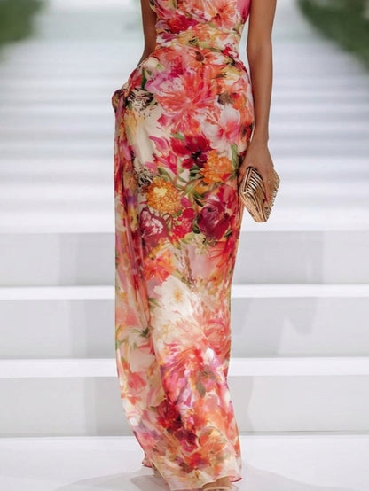 Carla | Maxikleid ärmellos aus Chiffon rot mit Blumen