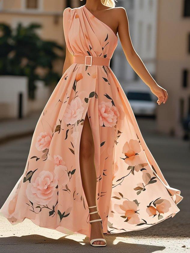 Amelie | Maxikleid Chiffon mit Blumenmuster mit freien Schultern hellgrün