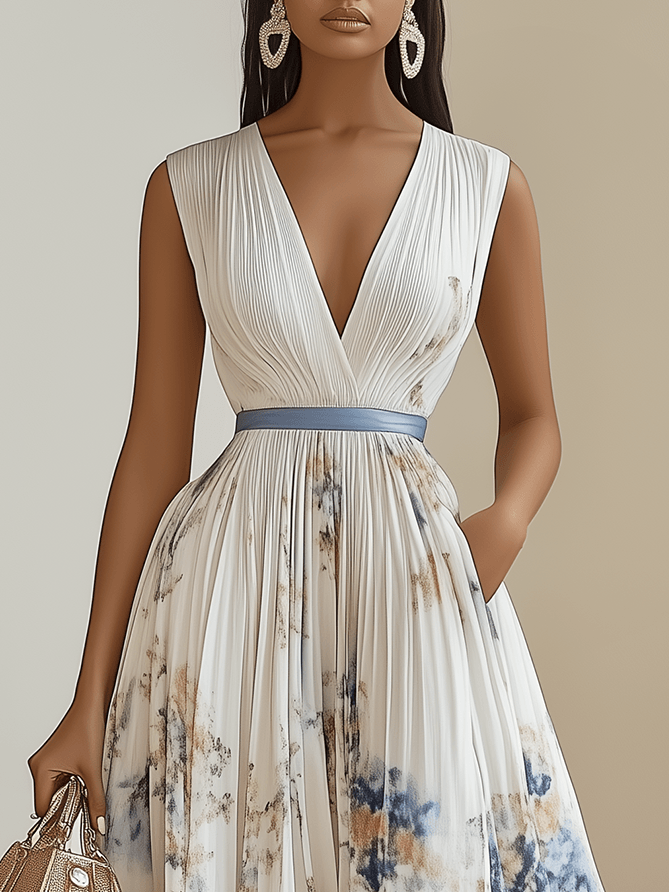 Birgit | Midikleid plissiert aus chiffon mit Blumenmuster weiß mit V-Ausschnitt