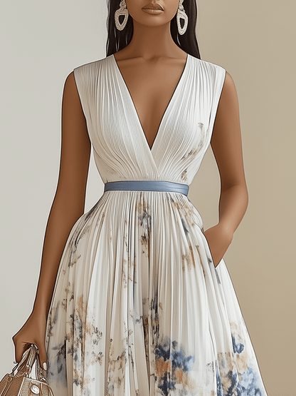 Birgit | Midikleid plissiert aus chiffon mit Blumenmuster weiß mit V-Ausschnitt