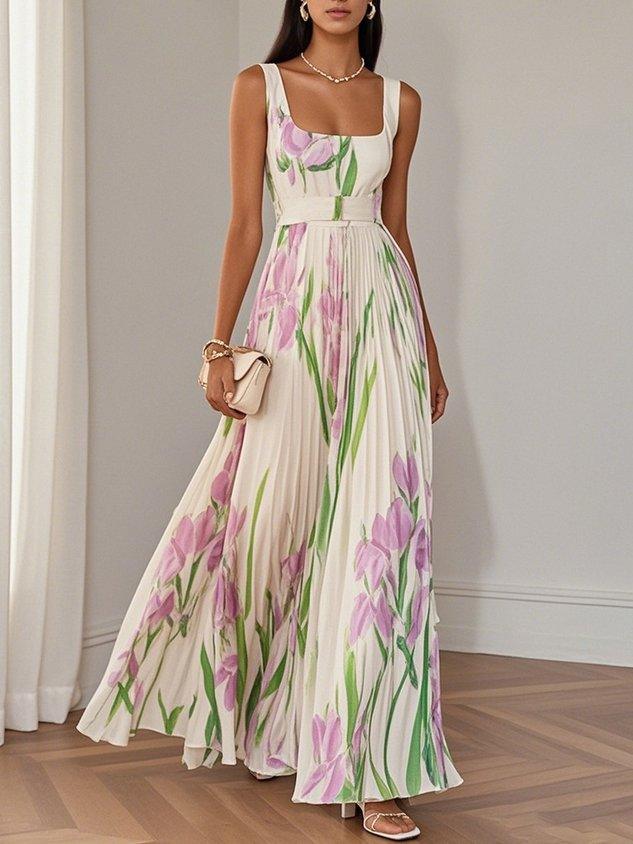 Ingrid | Maxikleid Chiffon mit Blumenmuster plissiert weiß