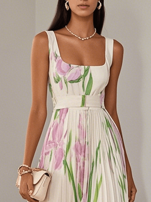 Ingrid | Maxikleid Chiffon mit Blumenmuster plissiert weiß