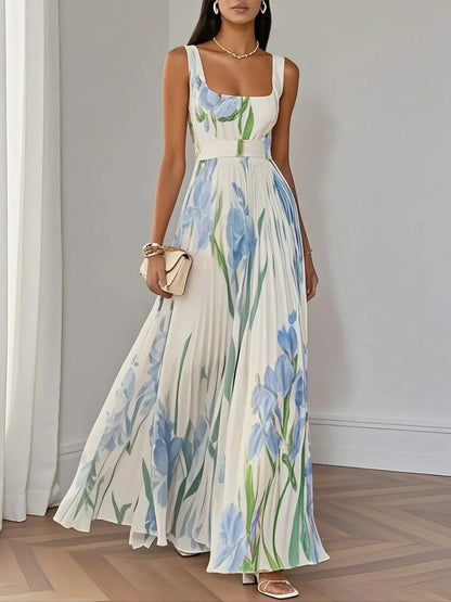 Ingrid | Maxikleid Chiffon mit Blumenmuster plissiert weiß